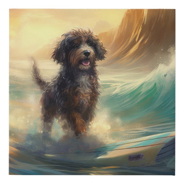 Bernedoodle Beach Surfing Painting  Faux Canvas Print (Front)