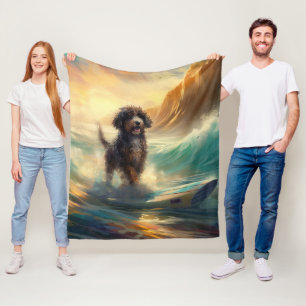 Bernedoodle Beach Surfing Painting Fleece Blanket