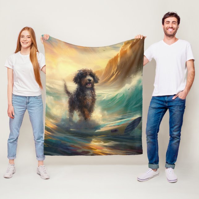 Bernedoodle Beach Surfing Painting  Fleece Blanket (In Situ)