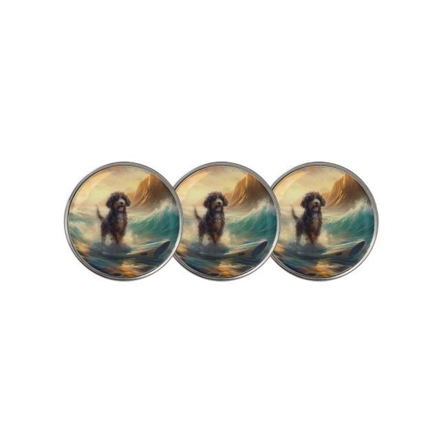 Bernedoodle Beach Surfing Painting  Golf Ball Marker (3 Up)