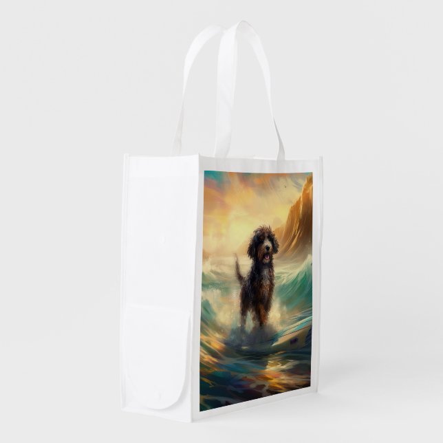 Bernedoodle Beach Surfing Painting  Grocery Bag (Front Side)