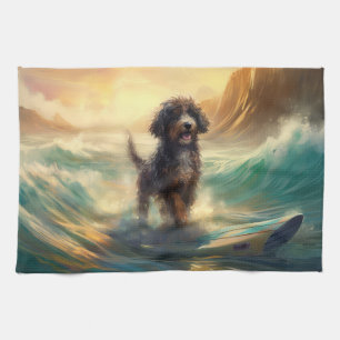 Bernedoodle Beach Surfing Painting  Kitchen Towel
