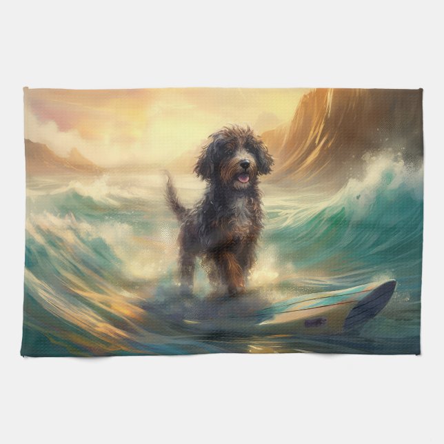 Bernedoodle Beach Surfing Painting  Kitchen Towel (Horizontal)