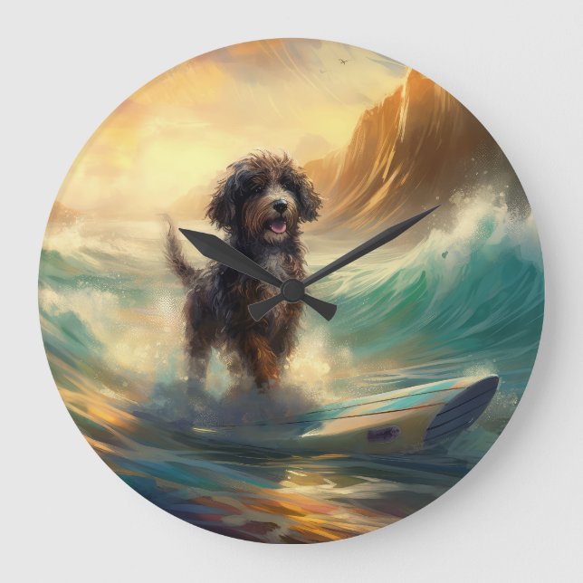 Bernedoodle Beach Surfing Painting  Large Clock (Front)