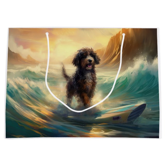 Bernedoodle Beach Surfing Painting  Large Gift Bag (Front)