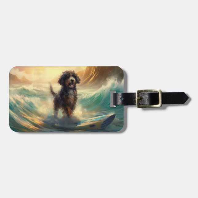 Bernedoodle Beach Surfing Painting  Luggage Tag (Front Horizontal)