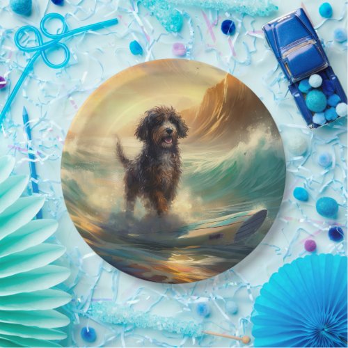 Bernedoodle Beach Surfing Painting  Paper Plates