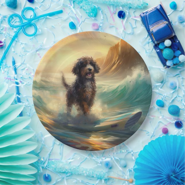 Bernedoodle Beach Surfing Painting  Paper Plates (Party)