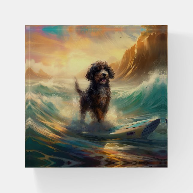 Bernedoodle Beach Surfing Painting  Paperweight (Front)
