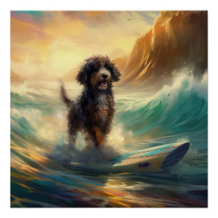 Bernedoodle Beach Surfing Painting  Poster