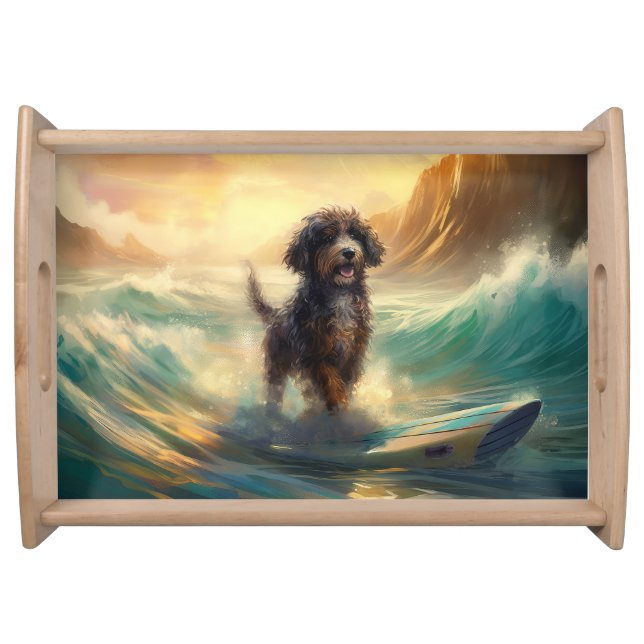 Bernedoodle Beach Surfing Painting  Serving Tray (Front)