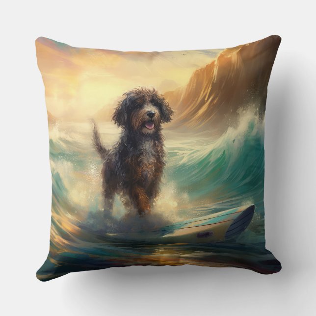 Bernedoodle Beach Surfing Painting  Throw Pillow (Back)