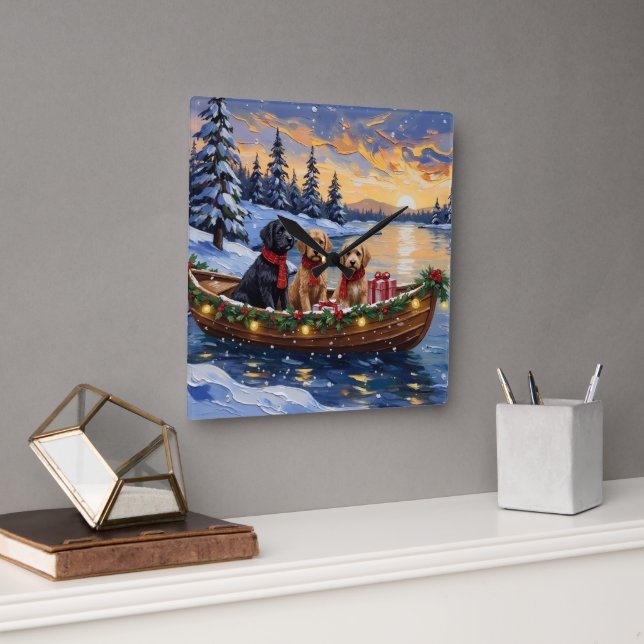 Bernedoodle Christmas Boat Holiday Square Wall Clock (Office)