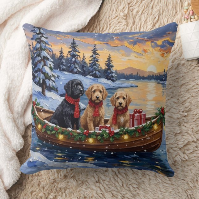 Bernedoodle Christmas Boat Holiday Throw Pillow (Blanket)