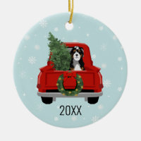 Bernedoodle christmas dog red truck ceramic ornament