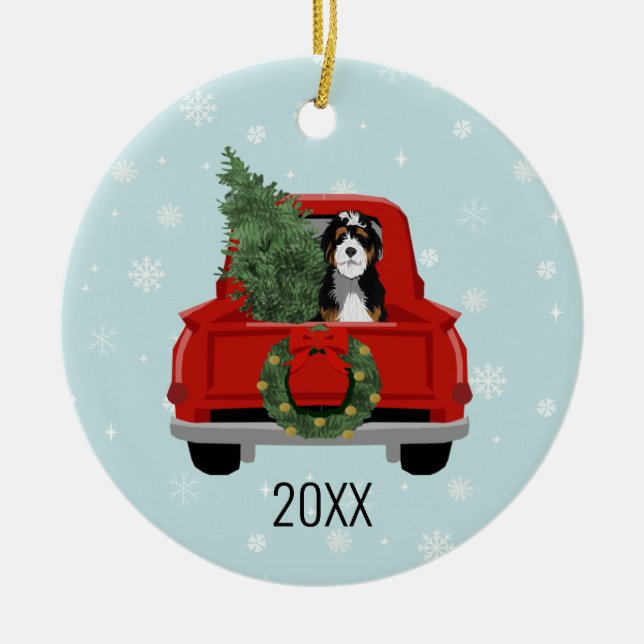 Bernedoodle christmas dog red truck ceramic ornament (Front)