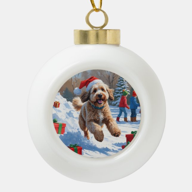 Bernedoodle Christmas Festive Snow Scene Ceramic Ball Christmas Ornament (Front)