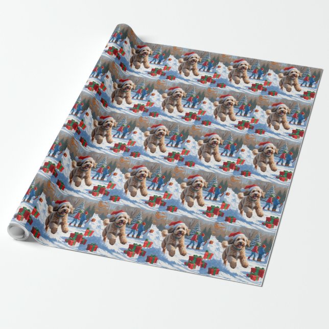 Bernedoodle Christmas Festive Snow Scene Dog Wrapping Paper (Unrolled)