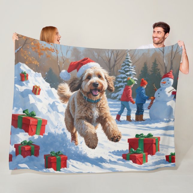 Bernedoodle Christmas Festive Snow Scene Fleece Blanket (In Situ)