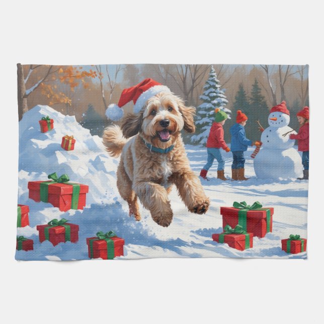 Bernedoodle Christmas Festive Snow Scene Kitchen Towel (Horizontal)