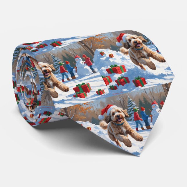 Bernedoodle Christmas Festive Snow Scene Neck Tie (Rolled)