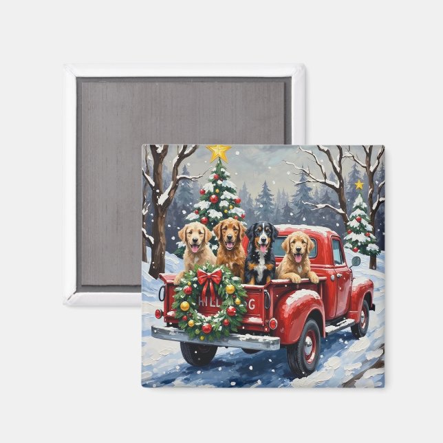 Bernedoodle Christmas Red Truck Holiday Magnet (Front/Back)