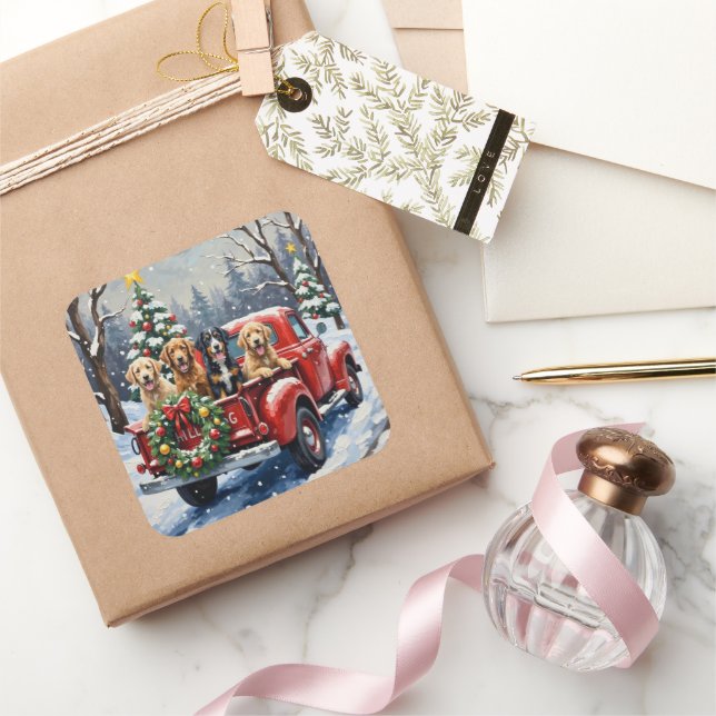 Bernedoodle Christmas Red Truck Holiday Square Sticker (Gifting)