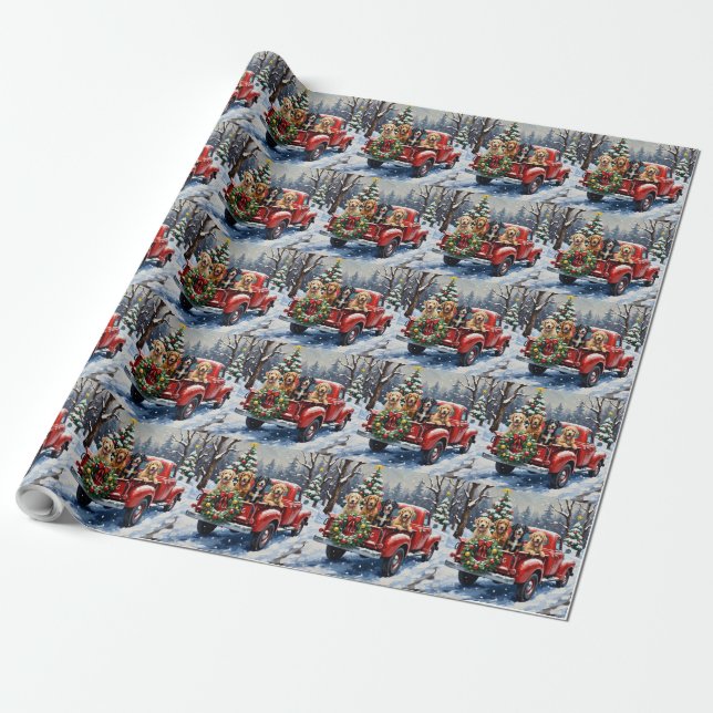 Bernedoodle Christmas Red Truck Holiday Wrapping Paper (Unrolled)