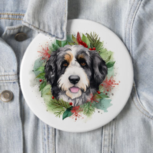 Bernedoodle Christmas Wreath Festive Pup Button