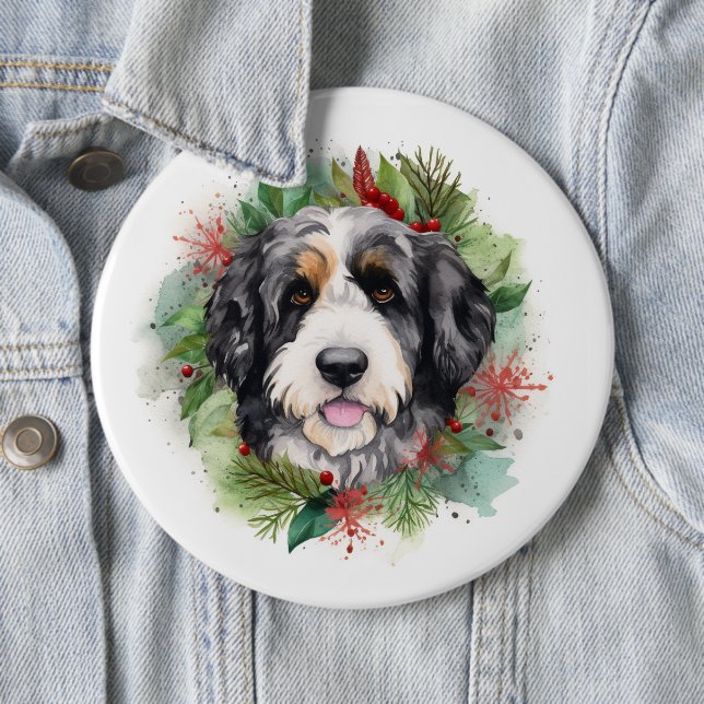 Bernedoodle Christmas Wreath Festive Pup Button (In Situ)