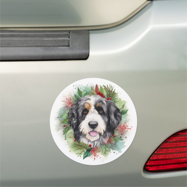 Bernedoodle Christmas Wreath Festive Pup Car Magnet (In Situ)