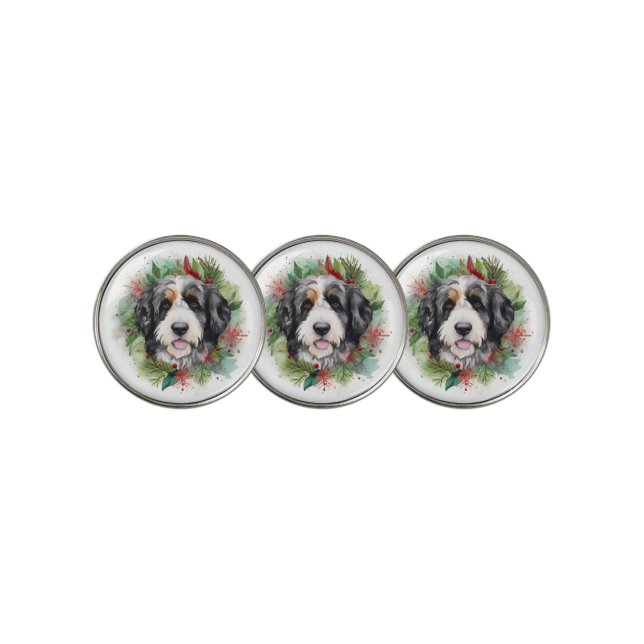Bernedoodle Christmas Wreath Festive Pup Golf Ball Marker (3 Up)