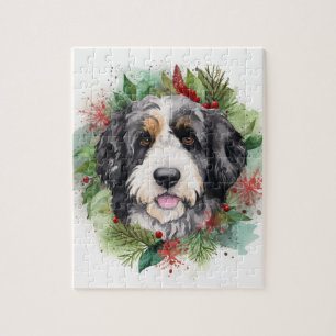 Bernedoodle Christmas Wreath Festive Pup Jigsaw Puzzle