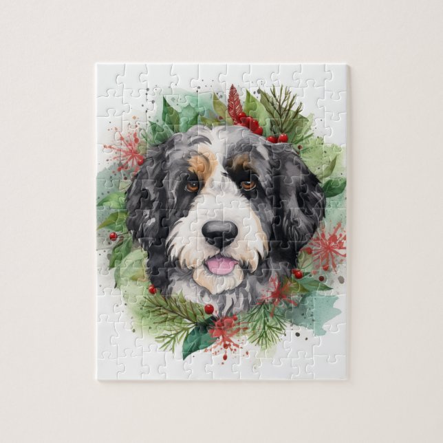 Bernedoodle Christmas Wreath Festive Pup Jigsaw Puzzle (Vertical)