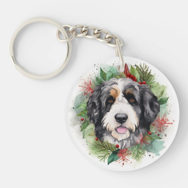 Bernedoodle Christmas Wreath Festive Pup Keychain (Front)