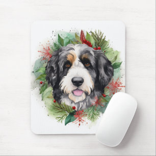 Bernedoodle Christmas Wreath Festive Pup Mouse Pad