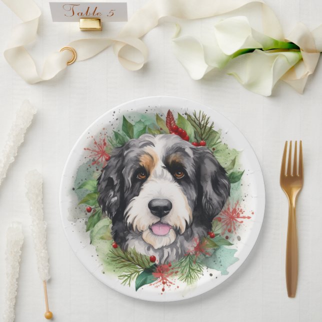 Bernedoodle Christmas Wreath Festive Pup Paper Plates (Wedding)