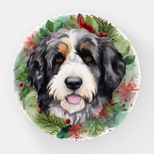 Bernedoodle Christmas Wreath Festive Pup Paperweight (Front)