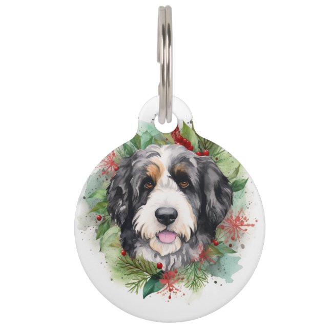 Bernedoodle Christmas Wreath Festive Pup Pet ID Tag (Front)