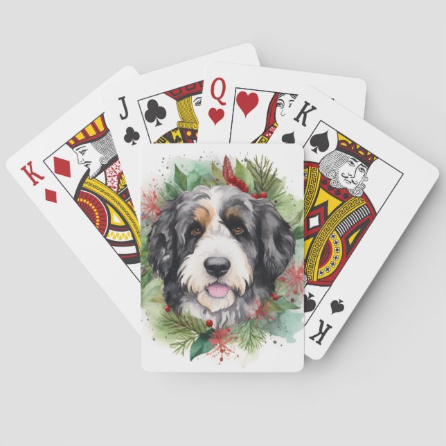 Bernedoodle Christmas Wreath Festive Pup Poker Cards (Back)