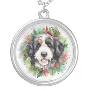 Bernedoodle Christmas Wreath Festive Pup Silver Plated Necklace