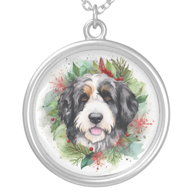 Bernedoodle Christmas Wreath Festive Pup Silver Plated Necklace (Front)