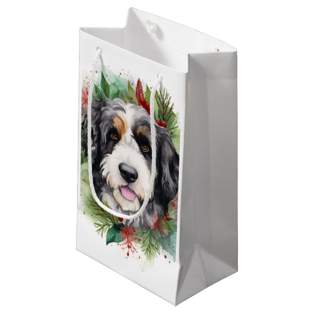 Bernedoodle Christmas Wreath Festive Pup Small Gift Bag (Front Angled)