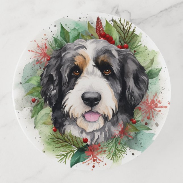 Bernedoodle Christmas Wreath Festive Pup Trinket Tray (Front)