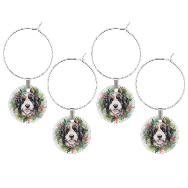 Bernedoodle Christmas Wreath Festive Pup Wine Charm (Staggered)