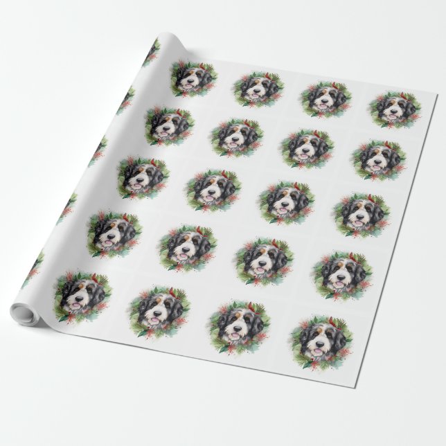 Bernedoodle Christmas Wreath Festive Pup Wrapping Paper (Unrolled)