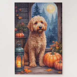 Bernedoodle Cozy Cabin Halloween Artwork Jigsaw Puzzle