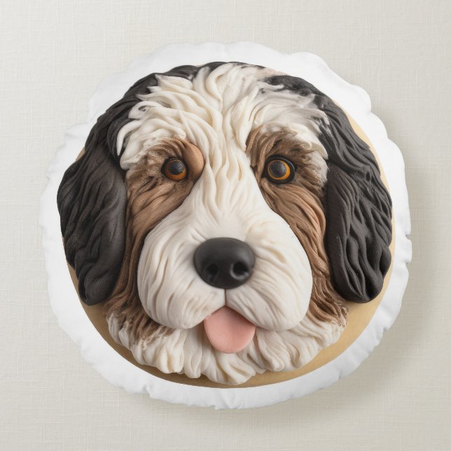 Bernedoodle Dog 3D Inspired Round Pillow (Front)