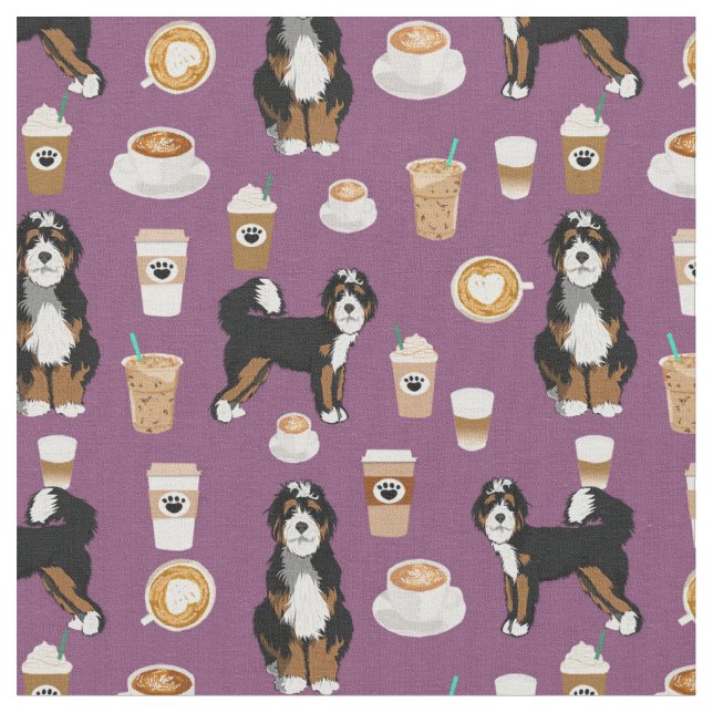 Bernedoodle dog coffee purple fabric (Close Up)