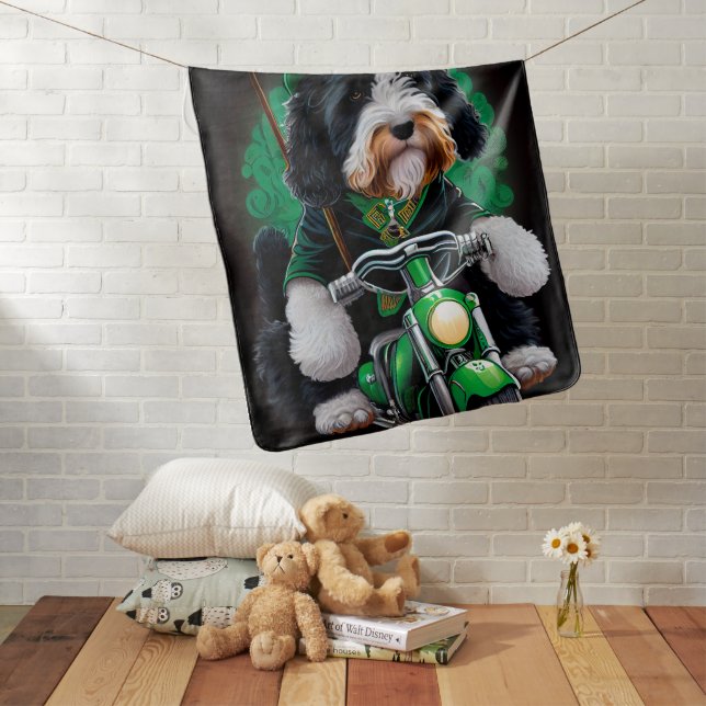 Bernedoodle Dog driving bike St. Patrick's Day Baby Blanket (In Situ)